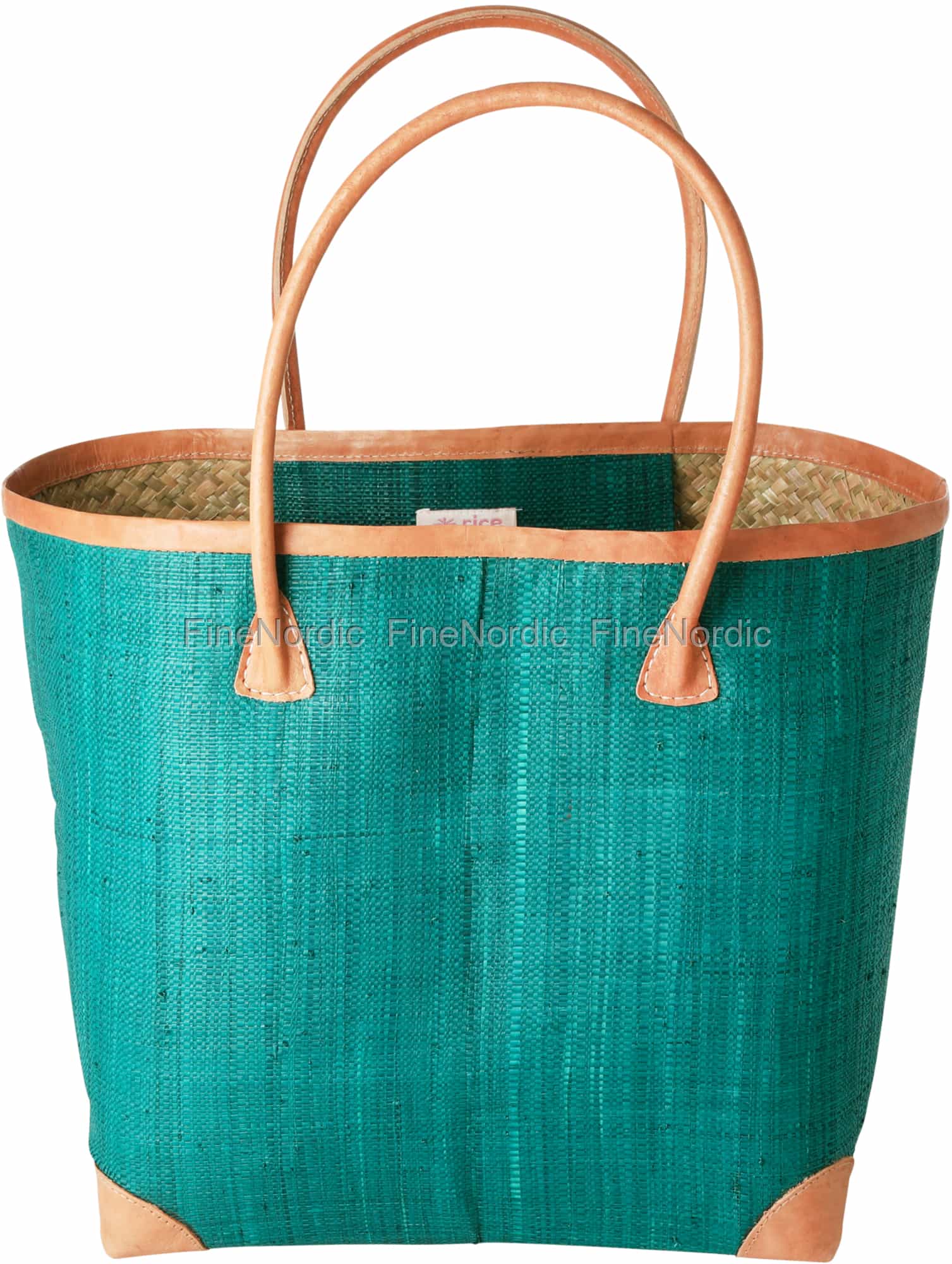 Rice Raffia Shopperveske Lærdetaljer Emerald Green Large Rice XXL Bozaka Veske Raffia Håndtak og Pom Poms Rosa