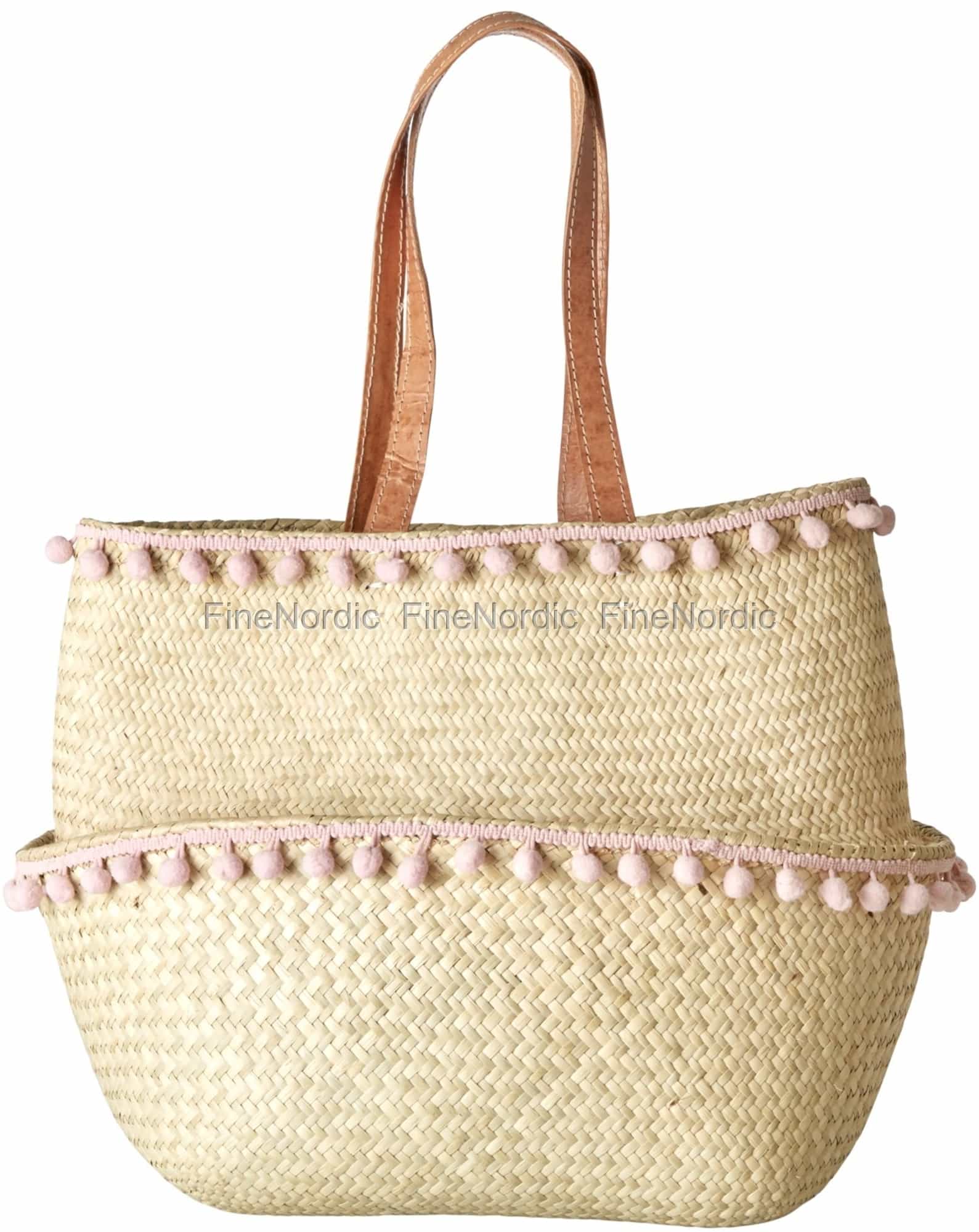 Rice Raffia Kurv Pom Poms Medium Rice XXL Bozaka Veske Raffia Håndtak og Pom Poms Rosa