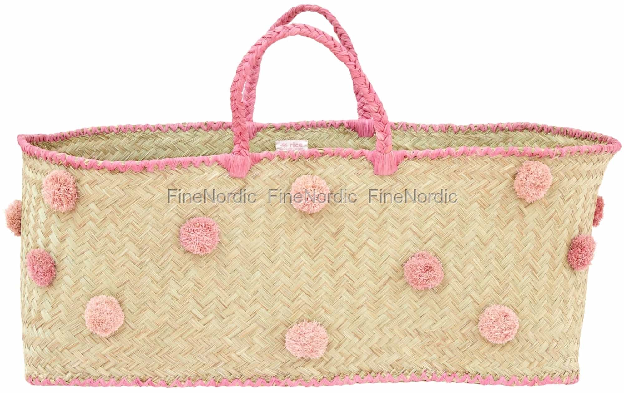 Rice XXL Bozaka Veske Raffia Håndtak og Pom Poms Rosa Rice XXL Bozaka Veske Raffia Håndtak og Pom Poms Rosa