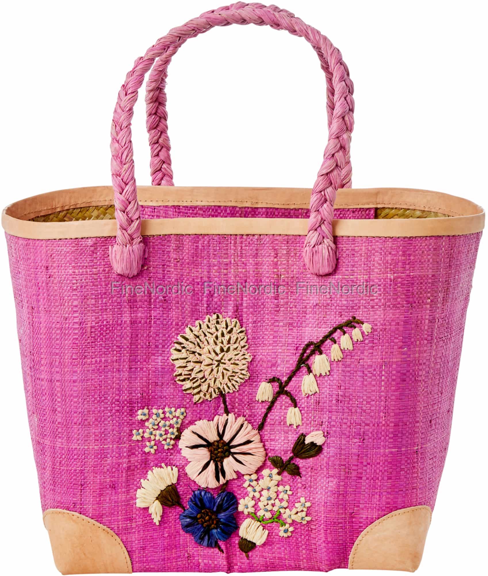 Rice Raffia Shoppingveske Blomstbroderi Plum Medium Rice XXL Bozaka Veske Raffia Håndtak og Pom Poms Rosa